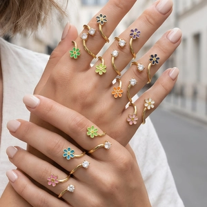 Colorful Enamel Flower Adjustable Open Ring Copper With Cubic Zirconia Minimalist Floral Jewelry For Women
