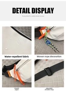 Close-up of waterproof white chest bag featuring neon green woven rope and smooth zipper