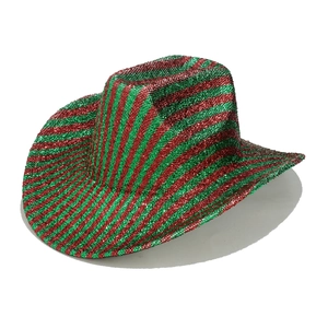 Detail of red and green striped glitter western cowboy hat for Christmas parties