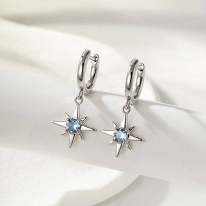 Eight Pointed Star Pendant Hoop Earrings Copper With Light Blue Zircon Inlay Retro Minimalist For Women