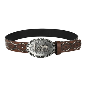 Western cowboy belt with embossed dark brown leather and vintage horse buckle