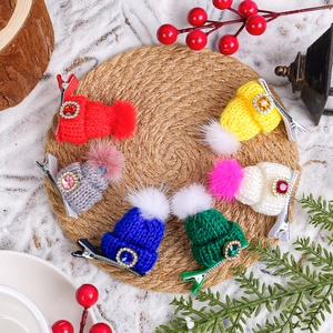 Set of 6 colorful Christmas knitted mini hat hair clips with pompom and gems