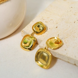 Modern gold geometric crinkle square earrings in high-polished stainless steel