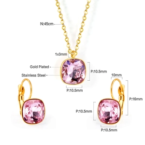 Detailed size chart for pink crystal gold plated stainless steel jewelry set