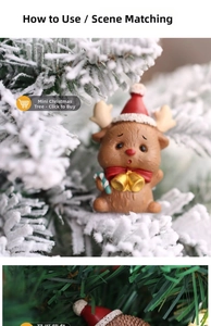 Detailed view of a resin Christmas reindeer ornament with a red hat and golden bell