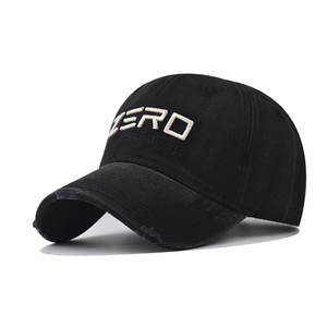 Black cotton baseball cap with ZERO embroidery and distressed brim details