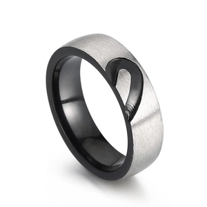 Titanium steel heart-shaped couple ring with brushed silver and black finish