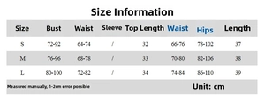 Detailed size chart for the women's chiffon camisole and pleated mini skirt set