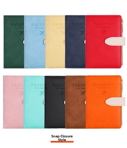 Detail view of colorful RFID PU leather passport covers with buckle and zipper closure