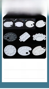 Collage of white and transparent plastic paint palettes in flower and oval shapes
