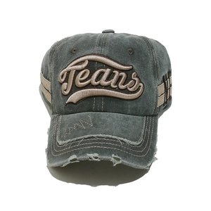 Detail showing the 'Jeans' embroidery and distressed brim on the dark gray cotton baseball cap