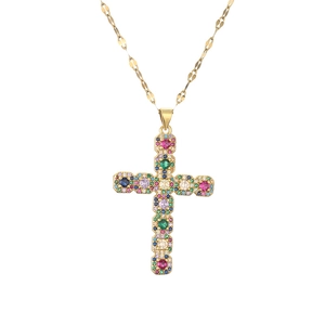 Collana con ciondolo a croce placcata oro con zirconi colorati e catena piatta