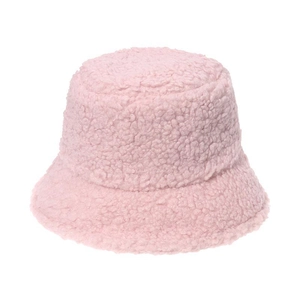 Pink plush lamb wool bucket hat for winter featuring a soft textured fleece design