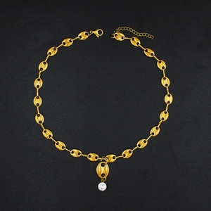 Gold stainless steel coffee bean link necklace featuring a sparkling zircon stone pendant