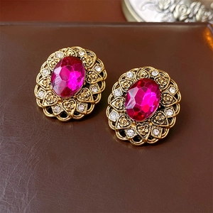 Vintage French baroque earrings in gold with rose red oval gemstones and crystals