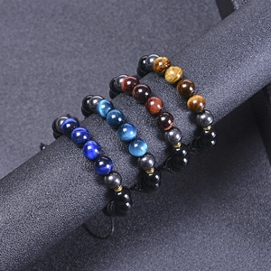 Bracelet tressé réglable de 10 mm en oeil de tigre bleu et agate, plusieurs pierres naturelles