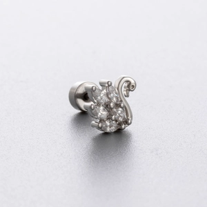 Silver swan stud earring with clear marquise-cut stones and flat back screw post