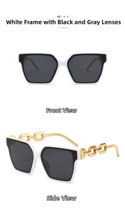 Detail of luxury white square frame sunglasses featuring bold golden metal chain temples