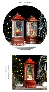 Detail view of vintage red Christmas lantern with Santa scene and festive bokeh background