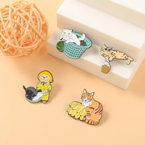 Whimsical enamel cat brooches set featuring diverse designs like raincoat and orange cat
