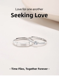 Close-up of S925 sterling silver couple rings with brushed finish and inlaid diamonds