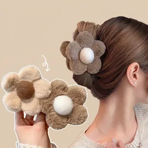 Plush Flower Hair Claw Clip Faux Fur Nonslip Shark Hair Clip For Women Girls Autumn Winter Accessories