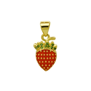 Detailed view of red enamel strawberry pendant with green stones on gold finish