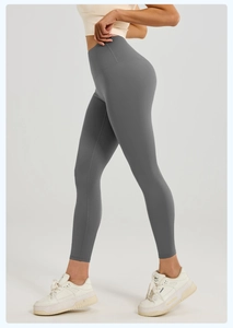 Vue détaillée du legging de yoga gris taille haute avec effet liftant et coupe ajustée