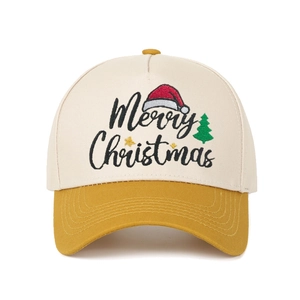 Detailed embroidery of Merry Christmas with tree and star on a color-block baseball cap