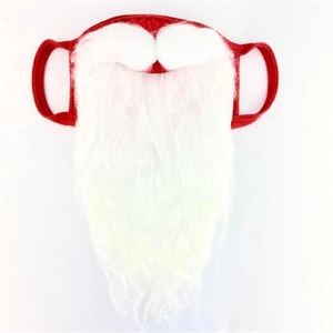 Detail of red cotton Christmas mask featuring fluffy white plush Santa Claus beard