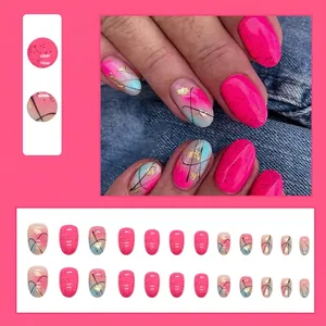 Oval dragon fruit pink press-on nails with marble gradients and gold foil accents