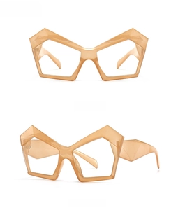 Detailed views of light tea geometric cat-eye glasses with thick polygonal resin frames