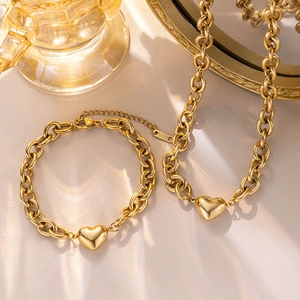 Heart Pendant Necklace And Bracelet Gold Plated Stainless Steel Chunky Chain Fashion Jewelry For Women Mirror Polished