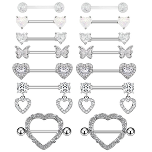 7-pair set of surgical steel nipple rings featuring heart and butterfly zircon designs