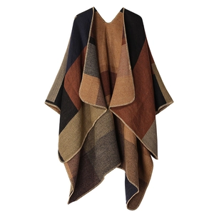 Detail of the navy and brown checkered pattern with stitched edge on cashmere-feel shawl