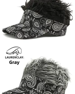 Detail of ethnic paisley visor hats with realistic black and grey wig hair extensions