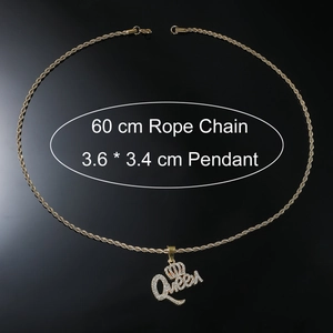 Detail of gold iced-out Queen pendant with dimensions and a 60 cm rope chain necklace