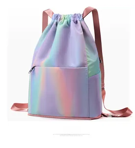 Macro side view of waterproof drawstring backpack in rainbow iridescent gradient colors