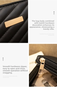 Detail of black quilted shoulder bag featuring golden metal plate and smooth zipper