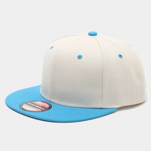 Vista dettagliata del cappellino snapback bicolore a 6 pannelli con cuciture e adesivo