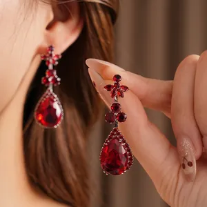 Elegant red zircon flower drop earrings with vintage water drop pendant in retro style