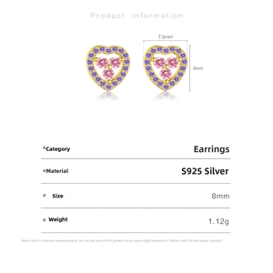 Macro detail of S925 silver heart stud earrings with purple crystals, 8mm x 7.5mm size