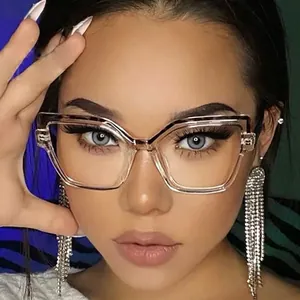 Women's cat-eye anti-blue light glasses with transparent square frames in champagne color