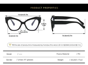 Detailed size specifications for cat eye glasses frames with PC material measurements