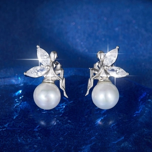 Exquisite S925 sterling silver pearl earrings with fairy wings and marquise zircon accents