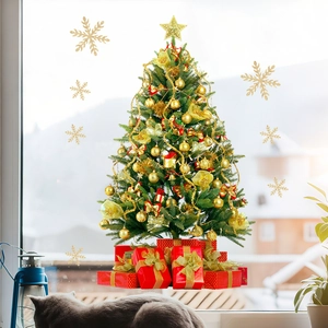 Adesivi per vetri albero di Natale con regali rossi e fiocchi d'oro per decorazione casa