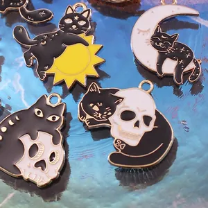 Halloween black cat and skull alloy enamel charms for DIY jewelry making and crafts