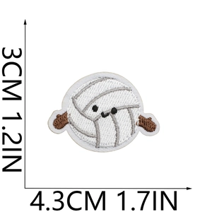 Detail showing embroidered volleyball patch dimensions 4.3cm by 3cm with cartoon design