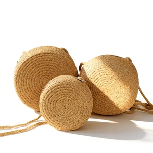 Kids round straw crossbody bag set with natural woven texture and zipper for summer