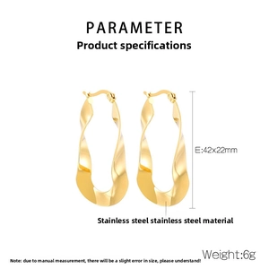 Detail view of gold U-shaped twisted earrings with dimensions and stainless steel material